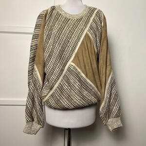Vintage TORRAS Spain Mens 38 Sweater Leather Silk Linen Knit Patchwork Brown 80s